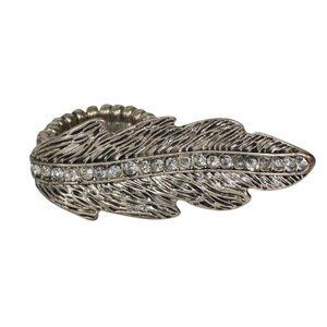 Silver Tone Adjustable Feather Ring Rhinestone Accents Statement Jewelry